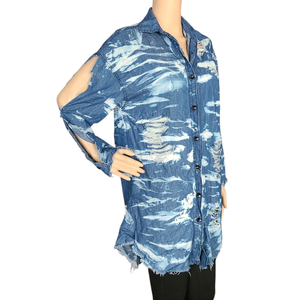 Dazi Distressed Tunic Button Down Shirt